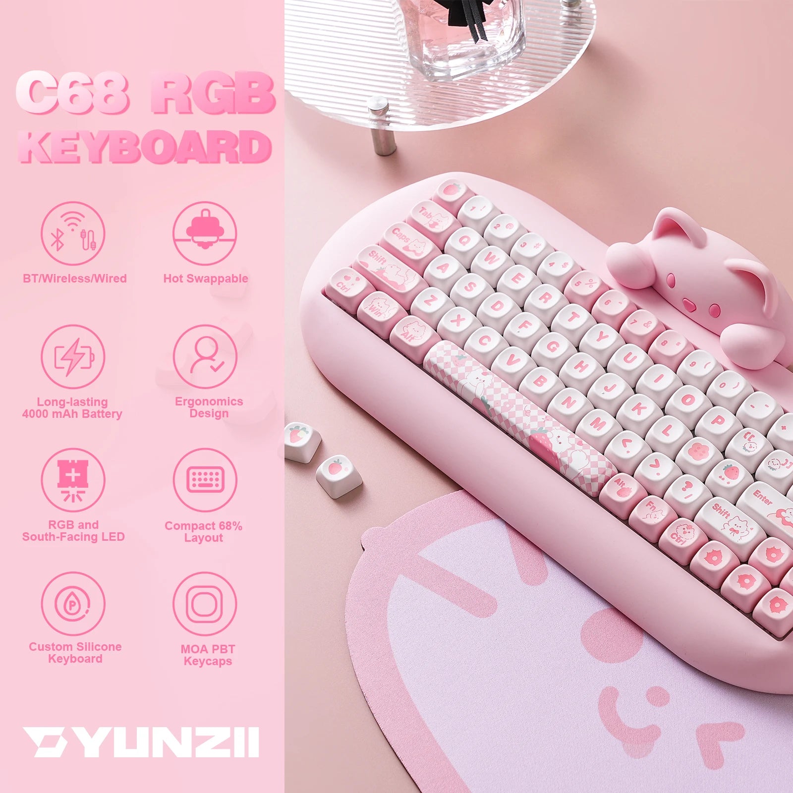 YUNZII C68 Wireless Keyboard: Best Cute Cat Custom Gaming Keeb