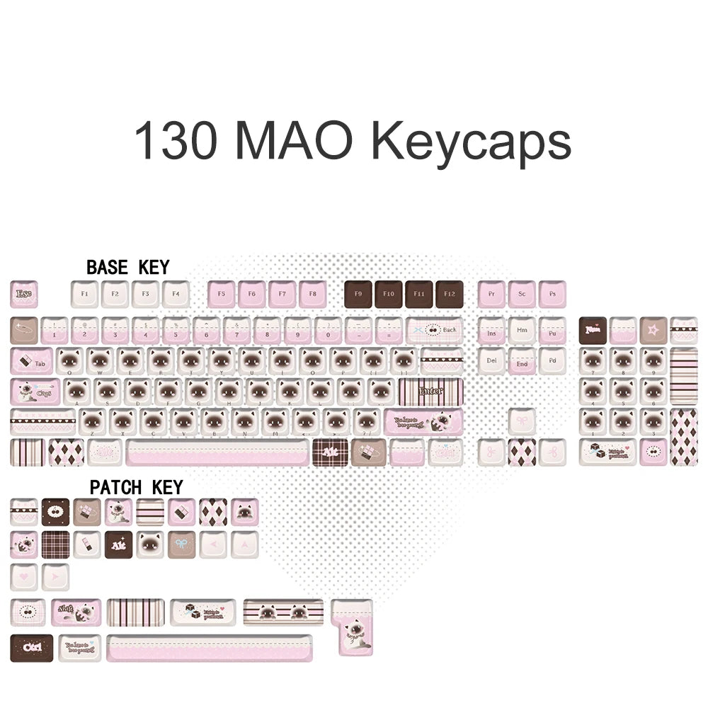 Custom PBT Keycaps: 130 Cute Siamese Cat MAO Profile Keys