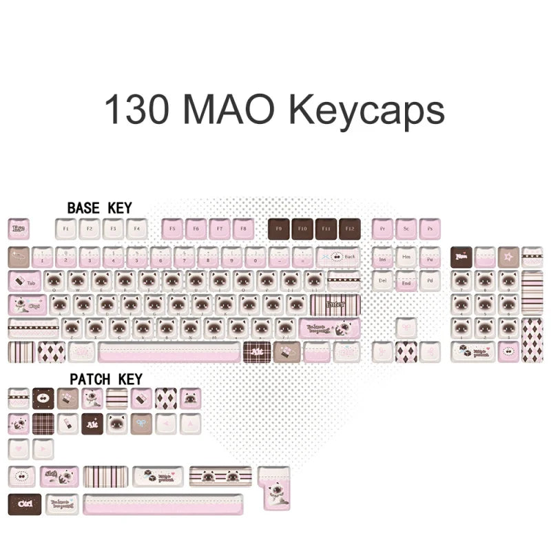 Custom PBT Keycaps: 130 Cute Siamese Cat MAO Profile Keys